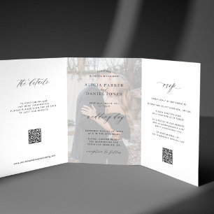 Elegant photo modern wedding RSVP details QR code Tri-Fold Invitation