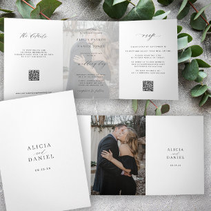Elegant photo modern wedding RSVP details QR code  Tri-Fold Invitation