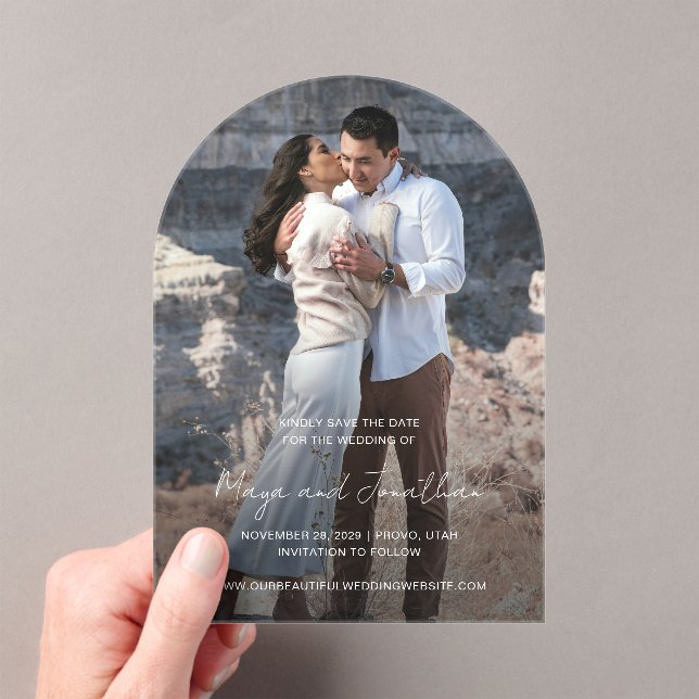 Elegant Photo Modern Wedding Save the Date Acrylic Invitations (Insitu (Handheld))