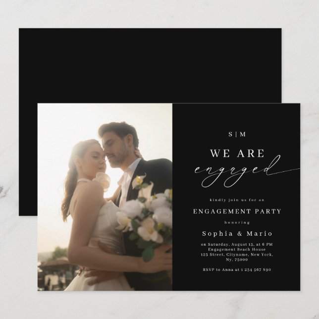 Elegant Photo & Monogram Black Engagement Party Invitation (Front/Back)