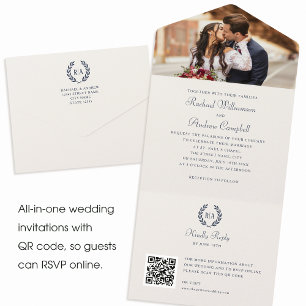 Elegant Photo Monogram QR Navy Cream Wedding All In One Invitation