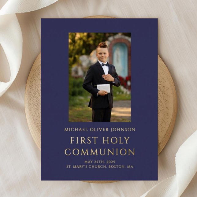 Elegant Photo Navy Blue Boy First Communion Gold  (Navy Blue Boy Photo First Holy Communion Gold Foil Invitation)