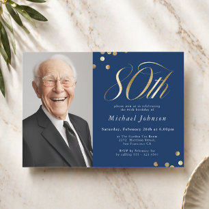 Elegant Photo Navy Blue Gold 80th Birthday Invitation