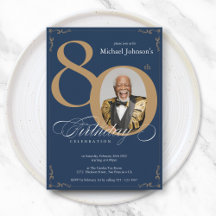 Elegant Photo Navy Blue Gold 80th Birthday Party