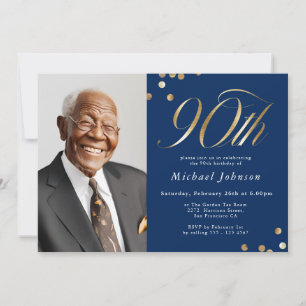 Elegant Photo Navy Blue Gold 90th Birthday Invitation