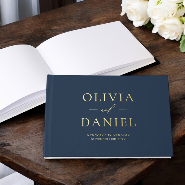 Elegant Photo Navy Blue Gold Modern Minimalist Guest Book (Creator Uploaded)