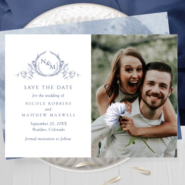 Elegant Photo Navy Blue Monogram Wedding  Save The Date (Creator Uploaded)