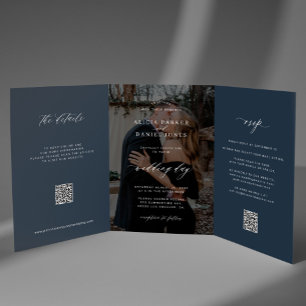 Elegant photo navy blue wedding RSVP details QR Tri-Fold Invitation