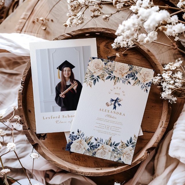 Elegant Photo Navy Gold Floral Graduation  Invitation (Creator Uploaded)