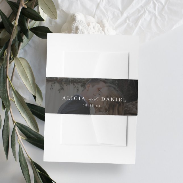 Elegant photo overlay black wedding invitation belly band (Creator Uploaded)