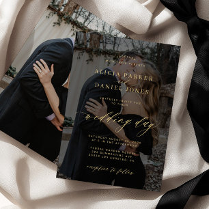 Elegant photo overlay faux gold black wedding invitation