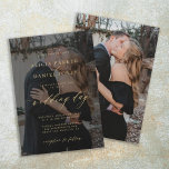 Elegant photo overlay faux gold black wedding invitation<br><div class="desc">Elegant simple minimalist romantic black transparent photo wedding invitation template featuring a classy stylish chic trendy faux gold handwritten script typography.              Easy to personalise with 1 or 2 engagement pictures and your details! The invitation is suitable for formal trendy modern weddings.</div>