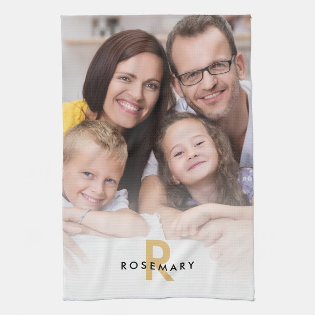 Elegant Photo Overlay Monogram Initial Name Tea Towel (Vertical)