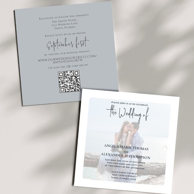 Elegant Photo Overlay Simple Dusty Blue QR Code Invitation (Elegant photo Light Grey wedding invitation with a scannable QR code.)