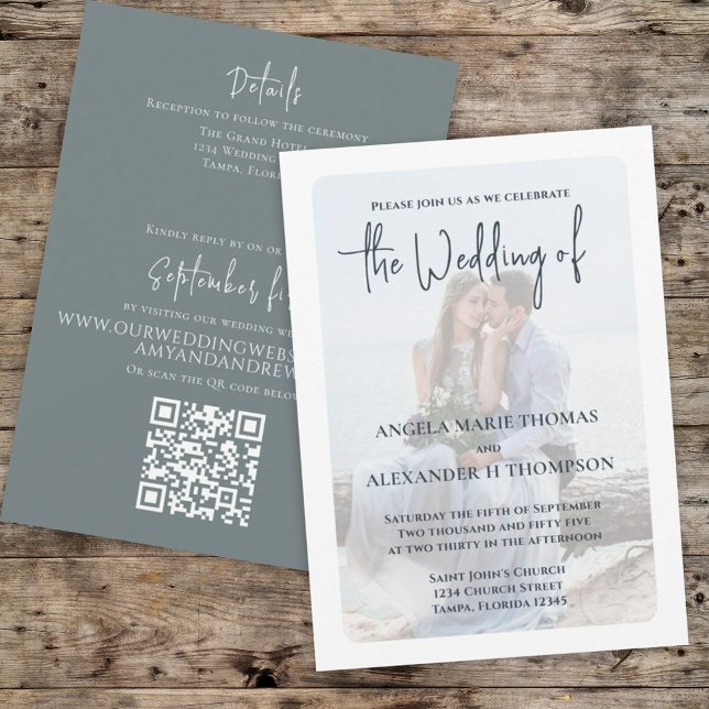 Elegant Photo Overlay Simple Dusty Blue QR Code Invitation (Creator Uploaded)
