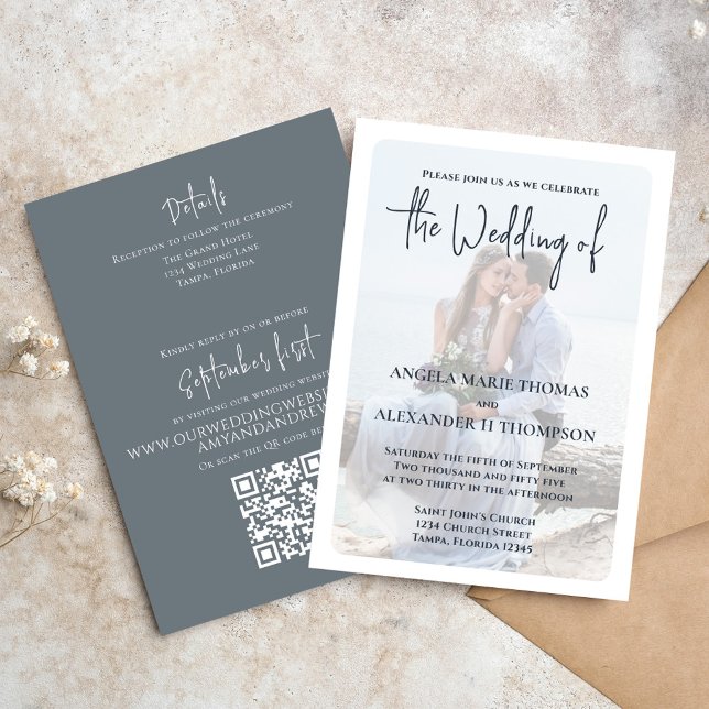 Elegant Photo Overlay Simple Dusty Blue QR Code Invitation (Elegant photo overlay wedding invitation with QR code and calligraphy script. )