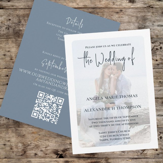 Elegant Photo Overlay Simple QR Code Dusty Blue Invitation (Creator Uploaded)