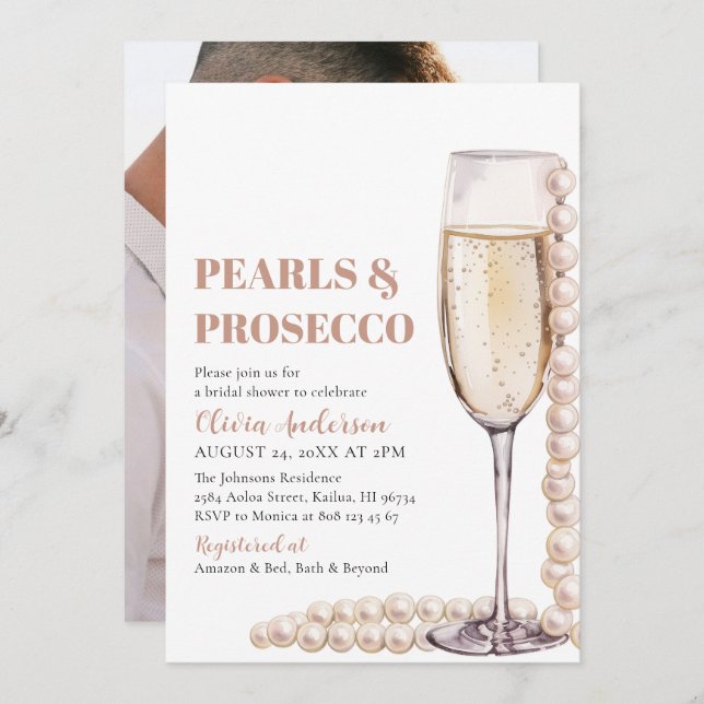 Elegant Photo Pearls and Prosecco Bridal Shower Invitation (Front/Back)