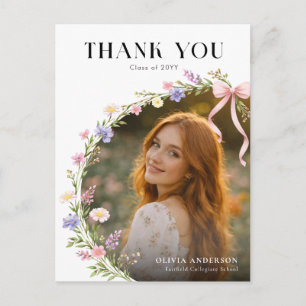 Elegant Photo Pink Bow Floral Graduation Thank You Postcard