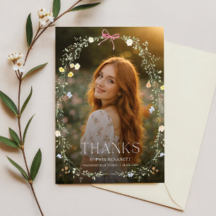 Elegant Photo Pink Bow Floral Graduation Thank You Postcard
