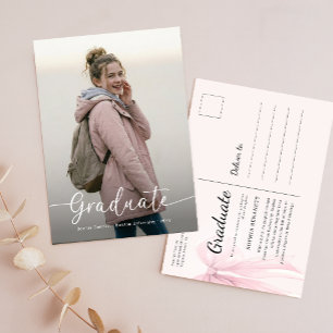 Elegant Photo Pink Bow Graduation Announcement Postcard