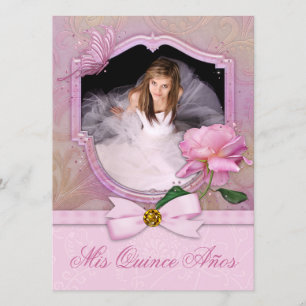 Elegant Photo Pink Butterfly Rose Quinceanera Invitation