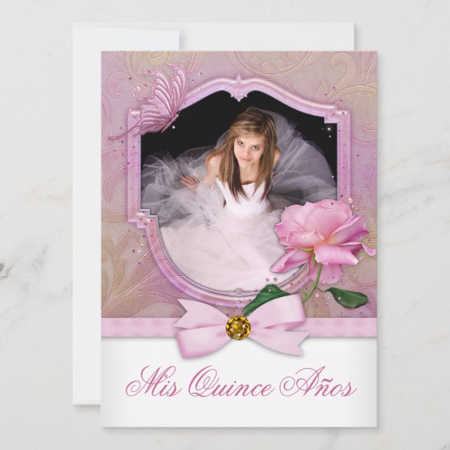 Elegant Photo Pink Butterfly Rose Quinceanera Invitation (Front)