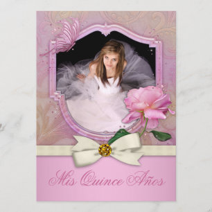 Elegant Photo Pink Butterfly Rose Quinceanera Invitation