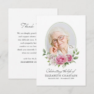 Elegant Photo Pink Floral Funeral Memorial Thank You Card
