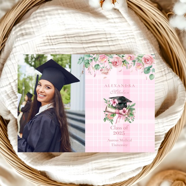 Elegant Photo Pink Floral Graduation Announcement (Creator Uploaded)