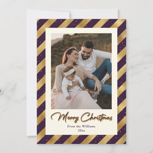 Elegant Photo Purple and Gold Merry Christmas Holiday Card (Front)
