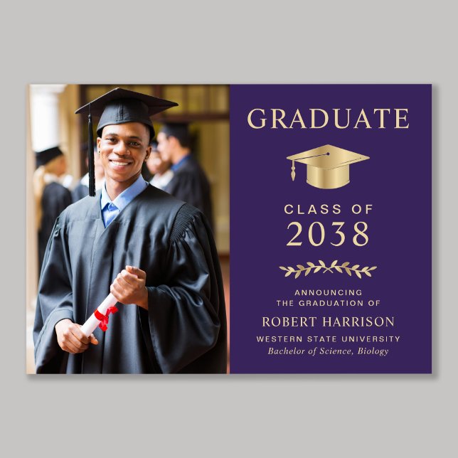 Elegant Photo Purple Gold College Graduation Announcement (An elegant college graduation announcement to celebrate the graduate's achievements)