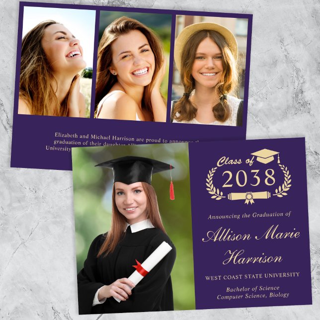 Elegant Photo Purple Gold College Graduation Announcement (An elegant college graduation announcement to celebrate the graduate's achievements)