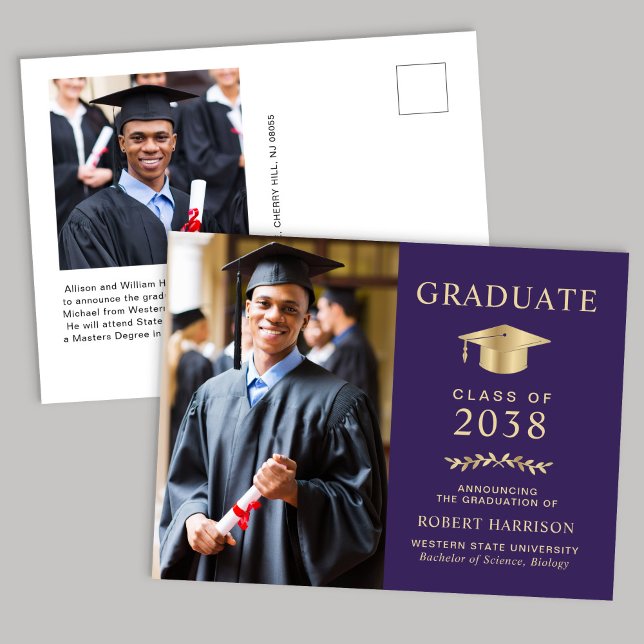 Elegant Photo Purple Gold College Graduation Announcement Postcard (An elegant college graduation announcement to celebrate the graduate's achievements)