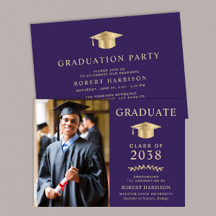 Elegant Photo Purple Gold College Graduation Party Invitation