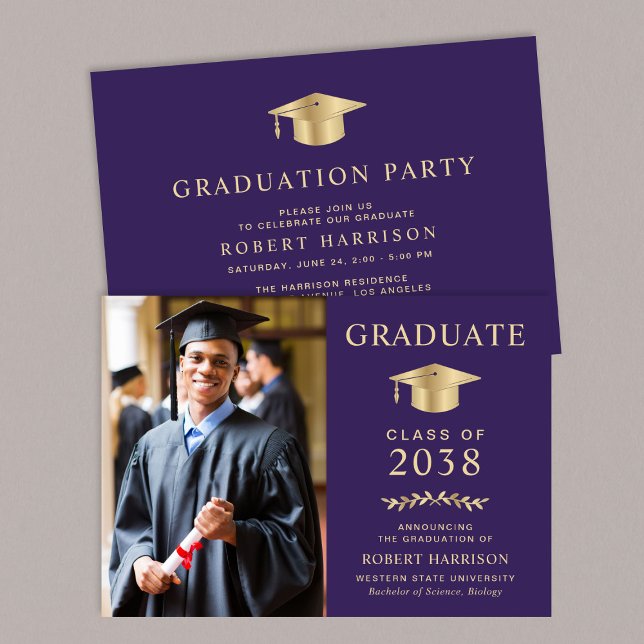 Elegant Photo Purple Gold College Graduation Party Invitation (An elegant college graduation party invitation to celebrate the graduate's achievements)