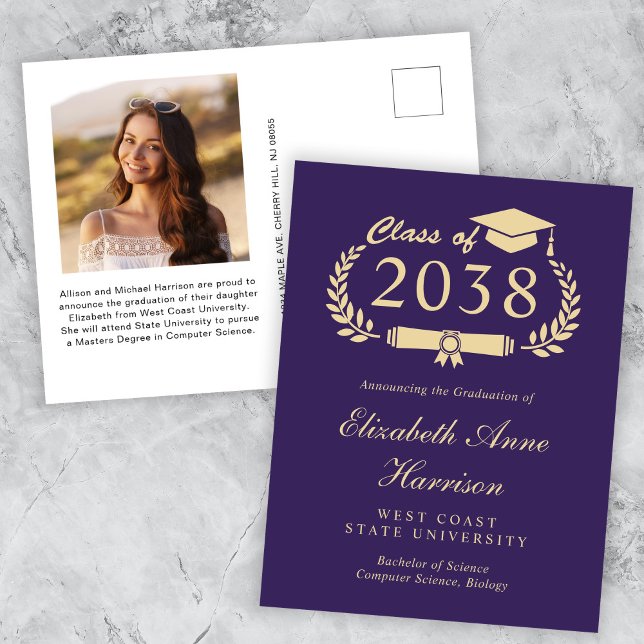 Elegant Photo Purple Gold Graduation Announcement Postcard (An elegant college graduation announcement to celebrate the graduate's achievements)