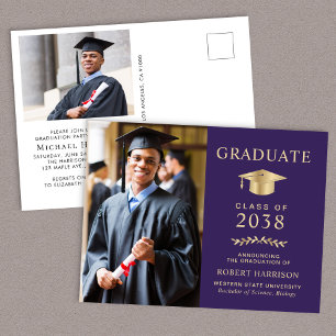 Elegant Photo Purple Gold Graduation Party Invitation Postcard