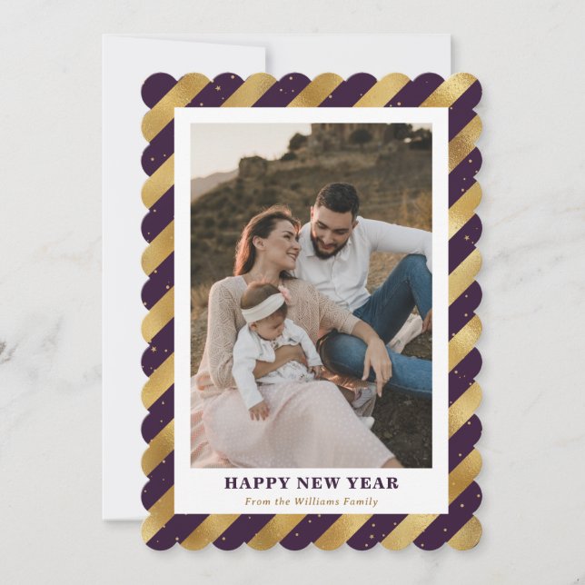 Elegant Photo Purple Gold Happy New Year Card (Front)
