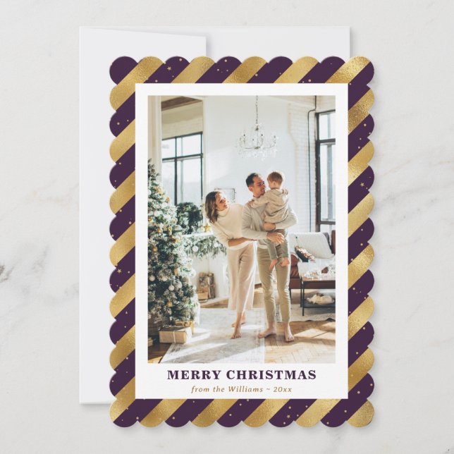 Elegant Photo Purple Gold Merry Christmas Card (Front)