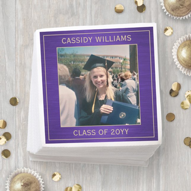 Elegant Photo Purple Gold Modern Graduation Party Napkin (Creator Uploaded)