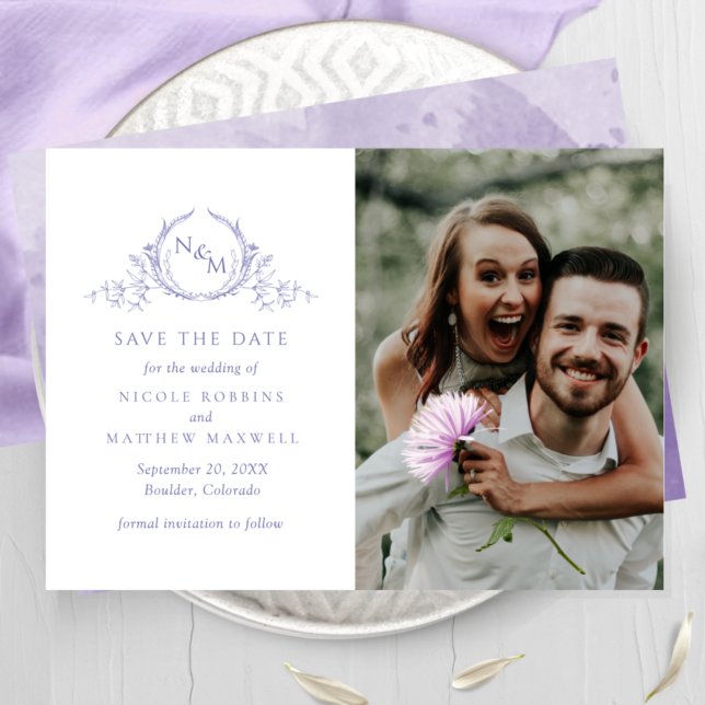 Elegant Photo Purple Monogram Wedding Save The Date (Creator Uploaded)