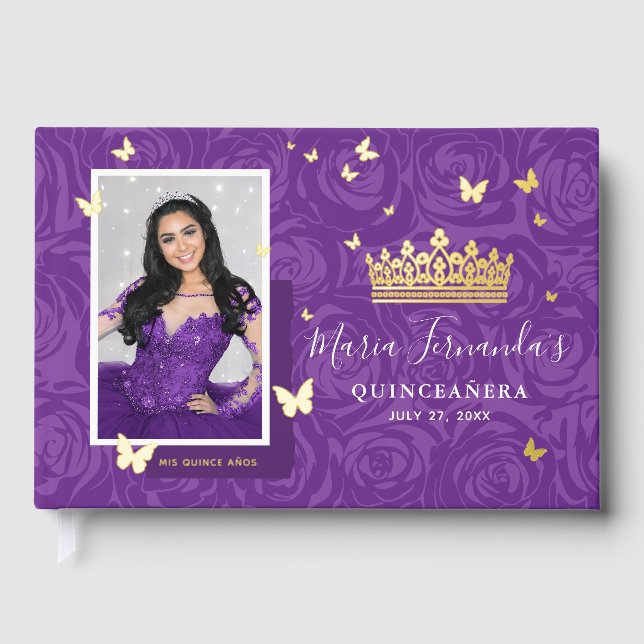 Elegant Photo Purple Quinceanera Real Gold Guest Book (Front)
