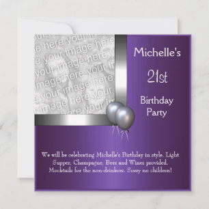 Elegant Photo Purple Silver Balloon 21st Birthday Invitation