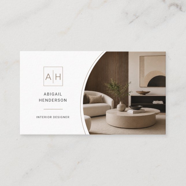 Elegant Photo QR Code Interior Designer Business Card (Front)