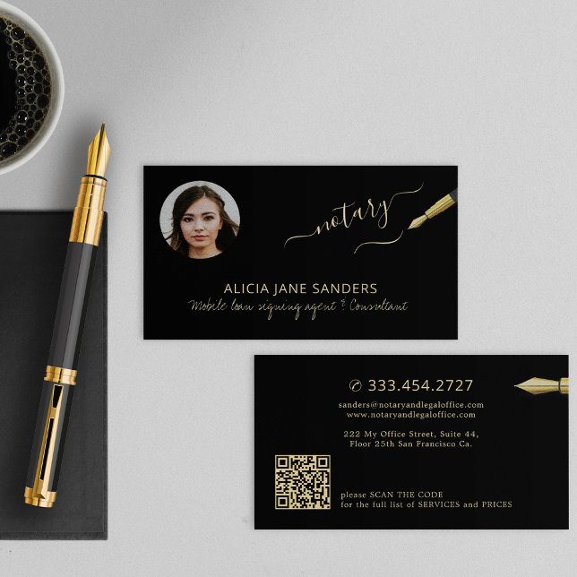 Elegant photo QR CODE mobile notary signing agent Business Card (Creator Uploaded)
