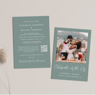 Elegant Photo QR Code Sage Green Wedding Reception Invitation