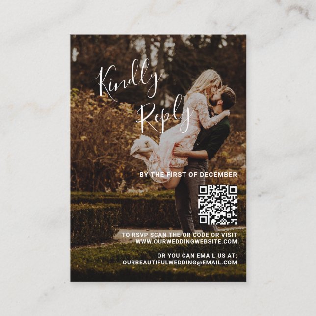 Elegant Photo QR Code Wedding Mini RSVP Card (Front)