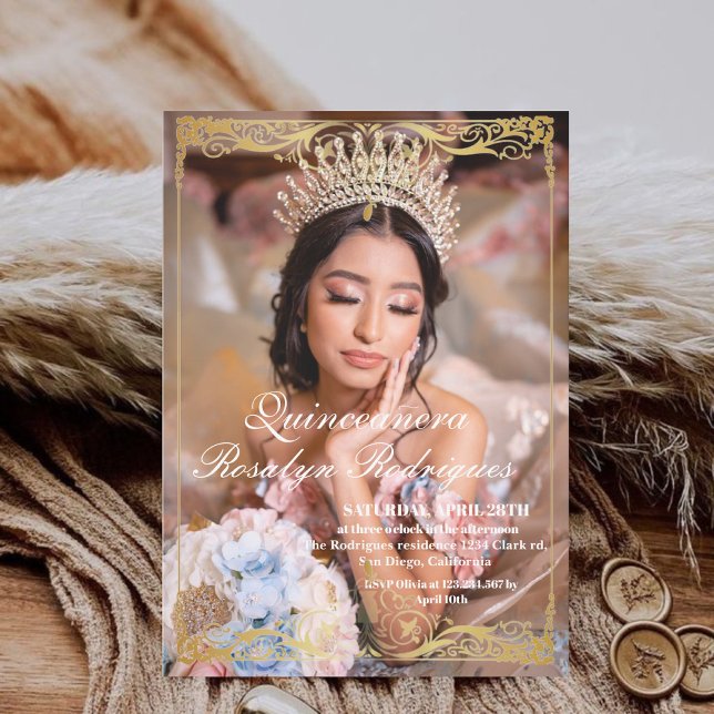 Elegant Photo Quinceanera Gold White Invitation (Creator Uploaded)