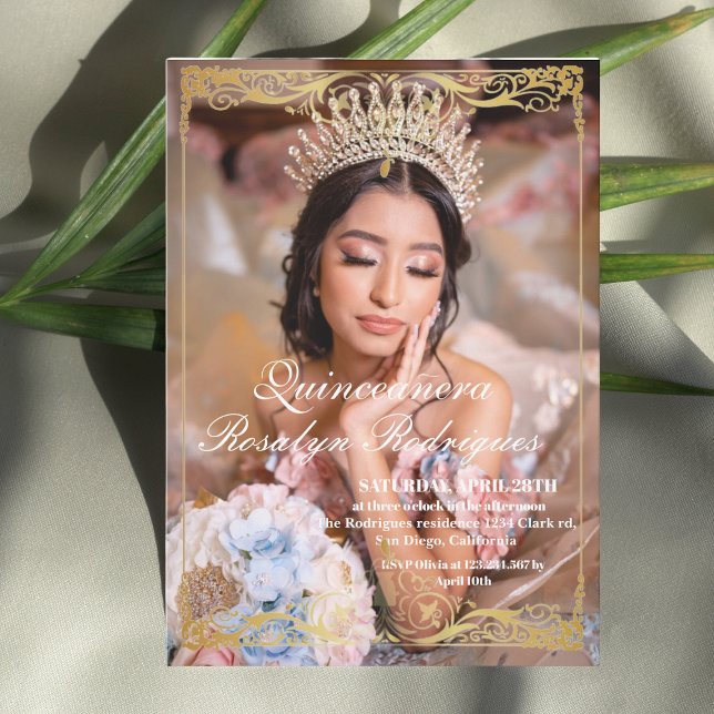 Elegant Photo Quinceanera Gold White Invitation (Creator Uploaded)